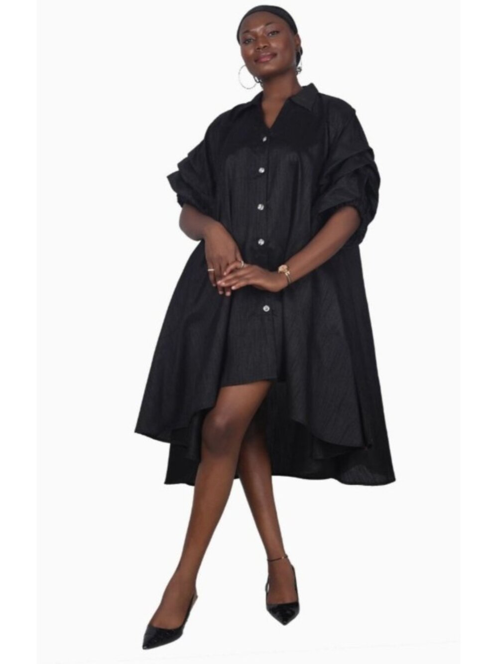 Advance Apparels Black High-Low Button Down Ruffle Sleeve Dress – One Size